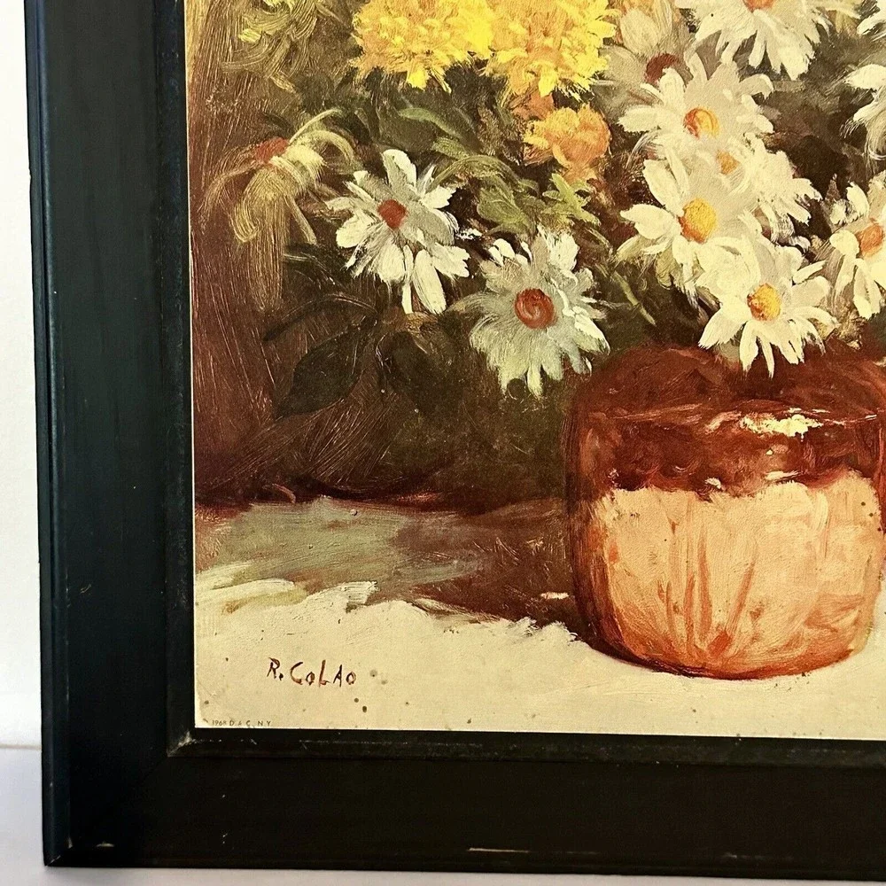 Vtg Floral Print On Wood 70’s Retro DAC N.Y. 1968 Daisies Yellow‎ White R. Calao